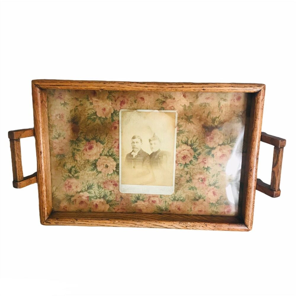 Weird Serving Lap Tray OOAK Country Man & Woman Photo Wood Glass w/Handle